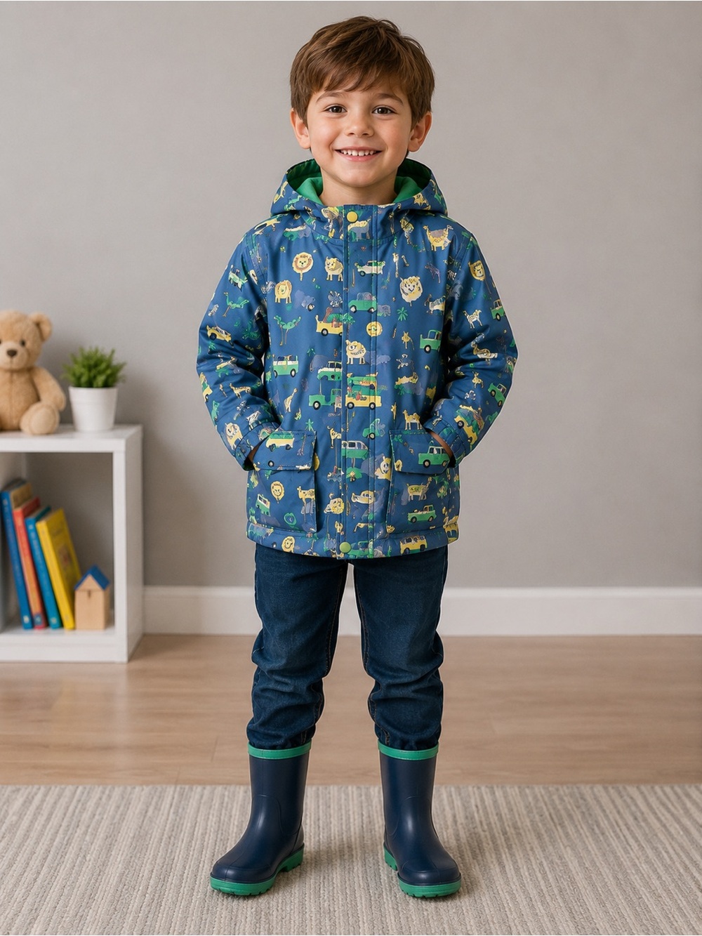Joe Fresh Blue Rain Jacket Kids Size 4 Peace Bus Print Waterproof Coat